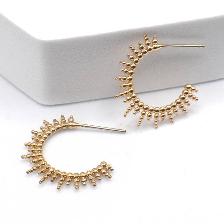Brass Sunburst Ball Deco C Hoop Boho Post Earrings for wholesale by StarryNYC