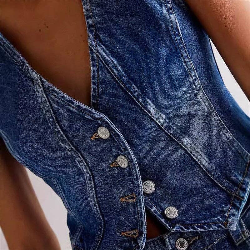 Sheer Trend – Großhandel Oberbekleidungsweste – Damen – Modische lässige V-Ausschnitt-Denimweste4