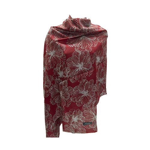 Shawl, Printed Merino Wool. Dark Red And Gray Flower for wholesale by World Treasure Trading
