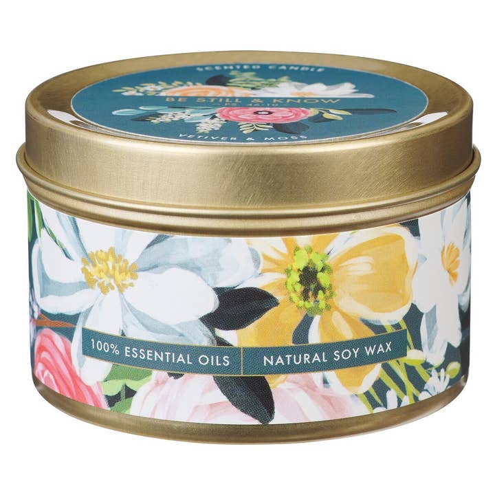 Christian Art Gifts - Wholesale Novelty Candle - Tin Candle Floral Teal Be Still Ps. 46:10