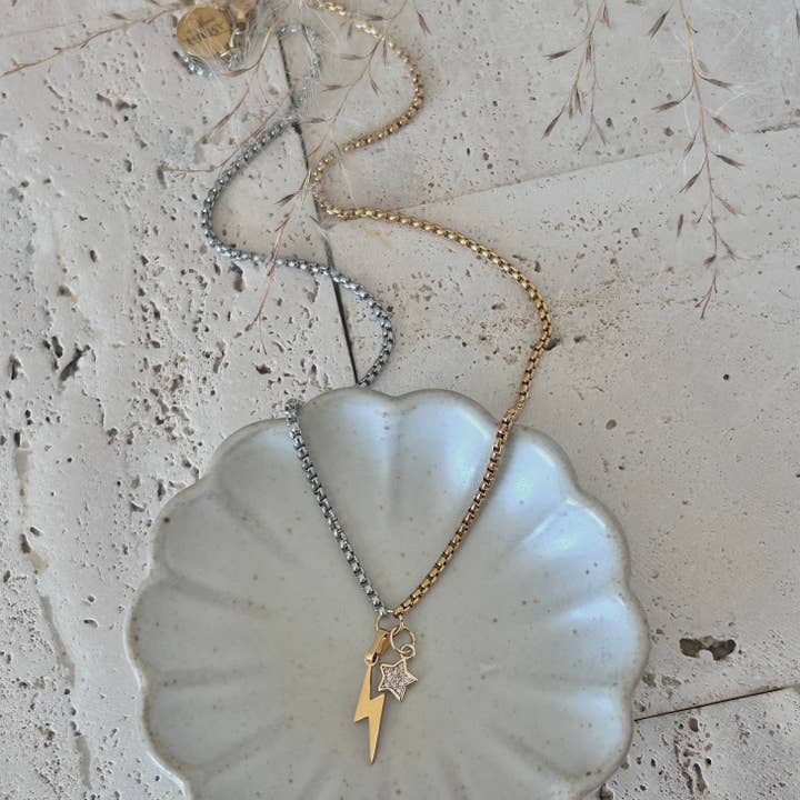 Amady Jewelry - Wholesale Pendant/Charm Necklace - Thunder and star charm pendant necklace two tone silver gold10