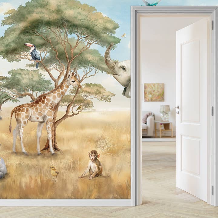 African Safari Animal Wallpaper, Baby Elephant Giraffe Nursery Mural Watercolor for wholesale by Prime Decor Wallpaper