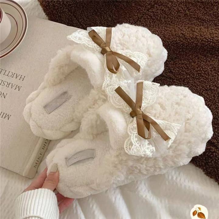 Fluffy Fleece Slippers with Lace Bow Detail and Plush Lining for wholesale by AK Brand