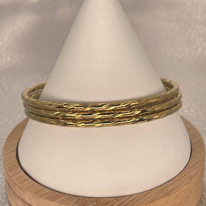 Stainless Steel Gold Bangle Set – Ripple Texture (3pcs) for wholesale by Loli
