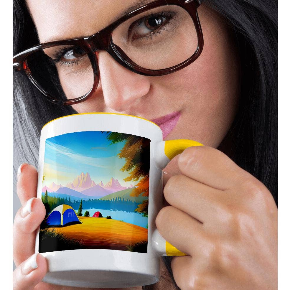 3dRose - Vente Tasse à café - 3dRose, Beau paysage de tentes près du lac de montagne. Cadeau pour campeur heureux, Tasse1