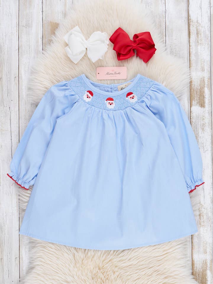 Marie Nicole Clothing - Wholesale Dress - Kids - Blue Chambray Smocked Santas Ruffle Dress