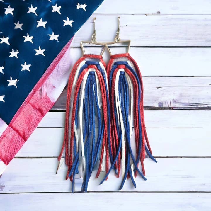 Red, White and Blue Fringe on Triangle Bezel for wholesale by Bushleys Beauties, LLC