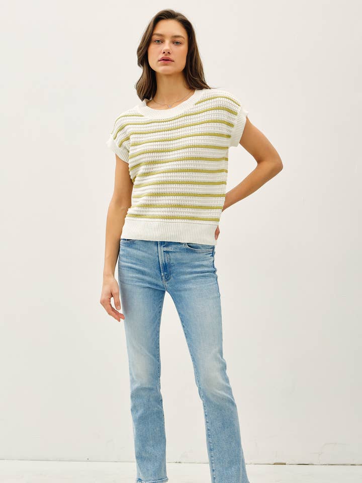 Be Cool - Wholesale Knit Top - Women's - STRIPED CROCHET KNIT CAP SLEEVE TOP