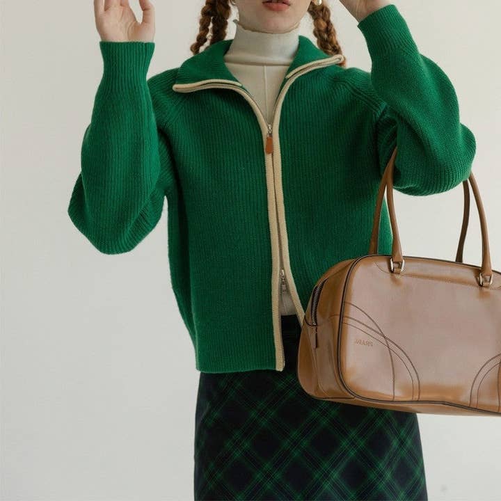 MoodGold - Wholesale Knit Sweater - Women's - Color Block Zip Collar Sweater