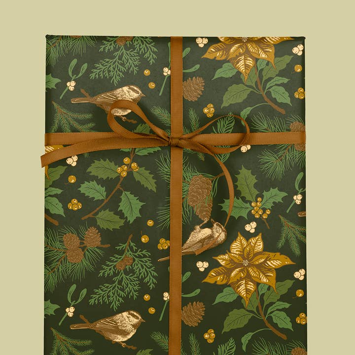 Mustard Beetle - Wholesale Wrapping Paper Roll - Recyclable Gift Wrap Yuletide Chickadee (Black & Mustard)