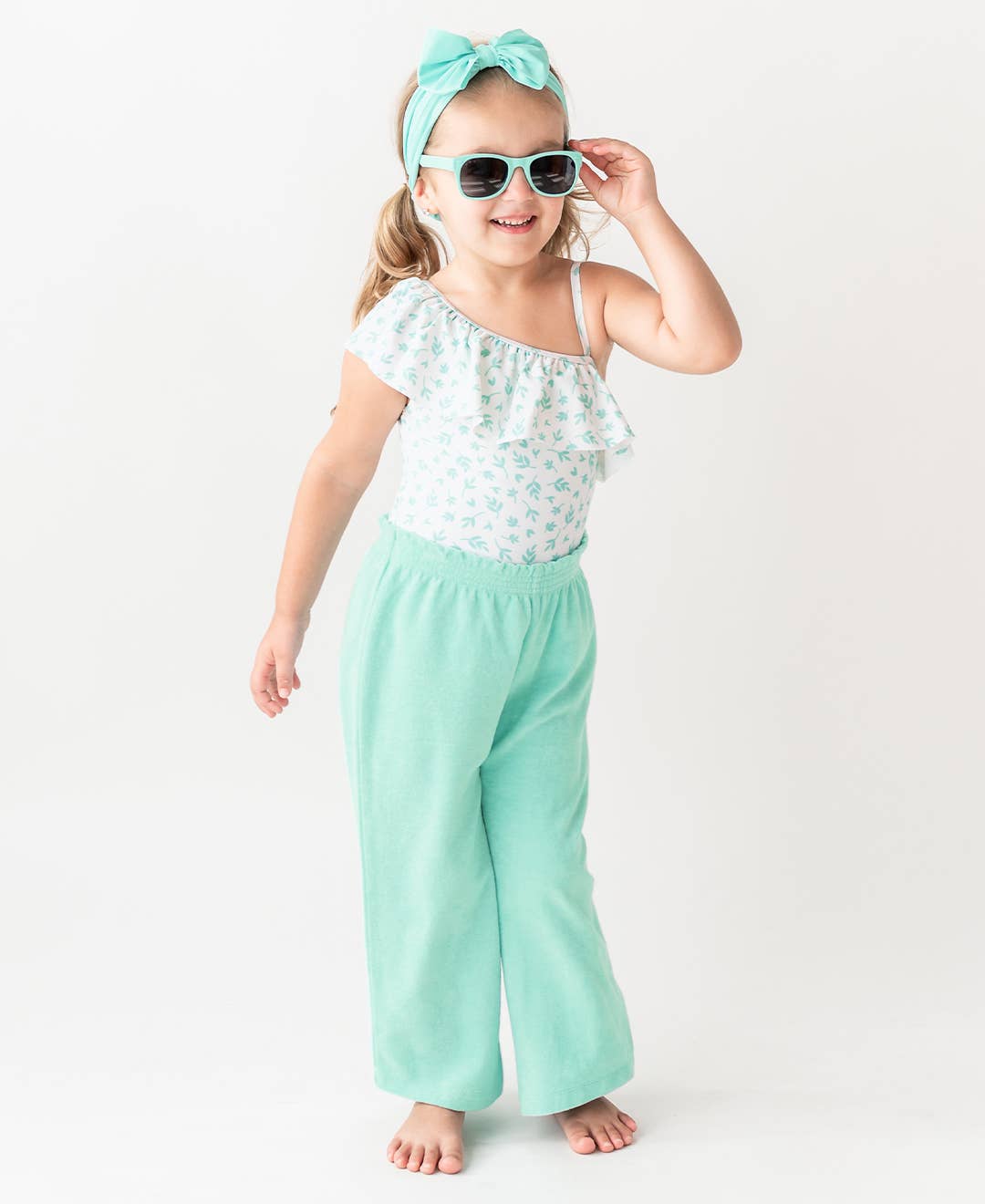 Blue Girls Vintage Aqua Terry Knit Wide Leg Pants for wholesale on Faire6
