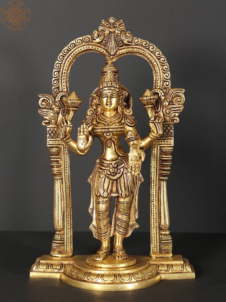 13" Standing Lakshmi Brass Statue with Kirtimukha Prabhavali for wholesale by Exotic India Art