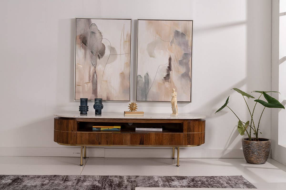 Gdeco - Wholesale Console Table - Natural Wood TV Cabinet And White Marble Top3