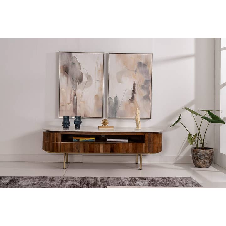 Gdeco - Wholesale Console Table - Natural Wood TV Cabinet And White Marble Top3