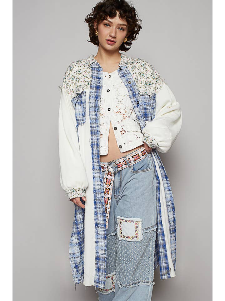 Pol Clothing - Wholesale Shirt Jacket/Shacket - Women's - Balloon sleeve plaid floral contrast long placket jacket