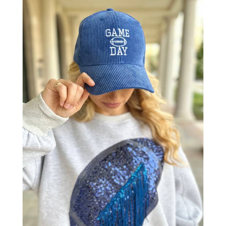 Live Love Gameday® - Wholesale Baseball Cap - Women's - Royal Embroidered Corduroy “GAME DAY” Football Cap