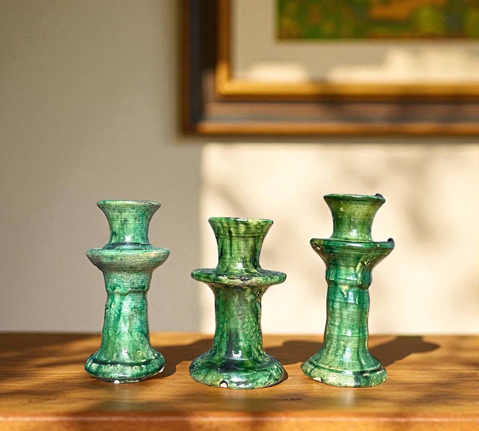Moroccantastics - Wholesale Candle Holder - Handmade Tamegroute Candleholder Set – Tall Green Moroccan Pottery: Set of 3 Ceramic Glazed Pottery2