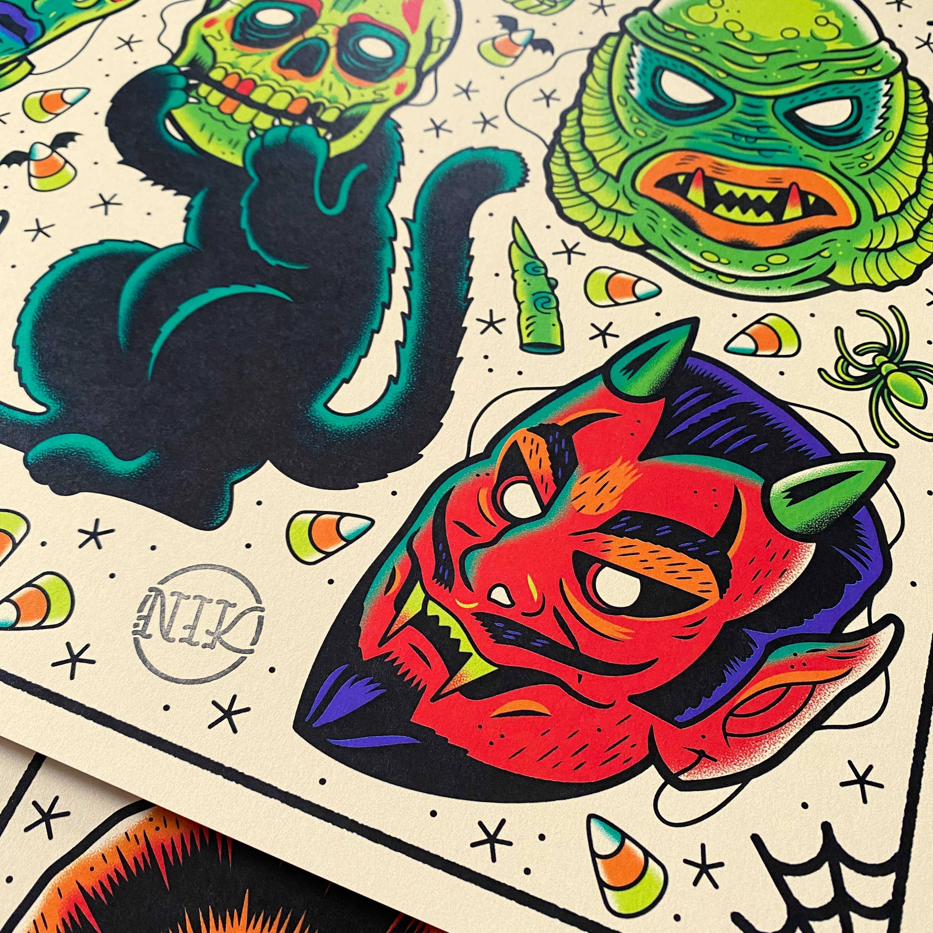 Dumb Junk - Wholesale Art Print - Vintage Halloween Masks Tattoo Flash Art Print 11x143