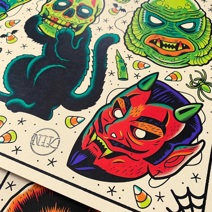 Dumb Junk - Wholesale Art Print - Vintage Halloween Masks Tattoo Flash Art Print 11x143