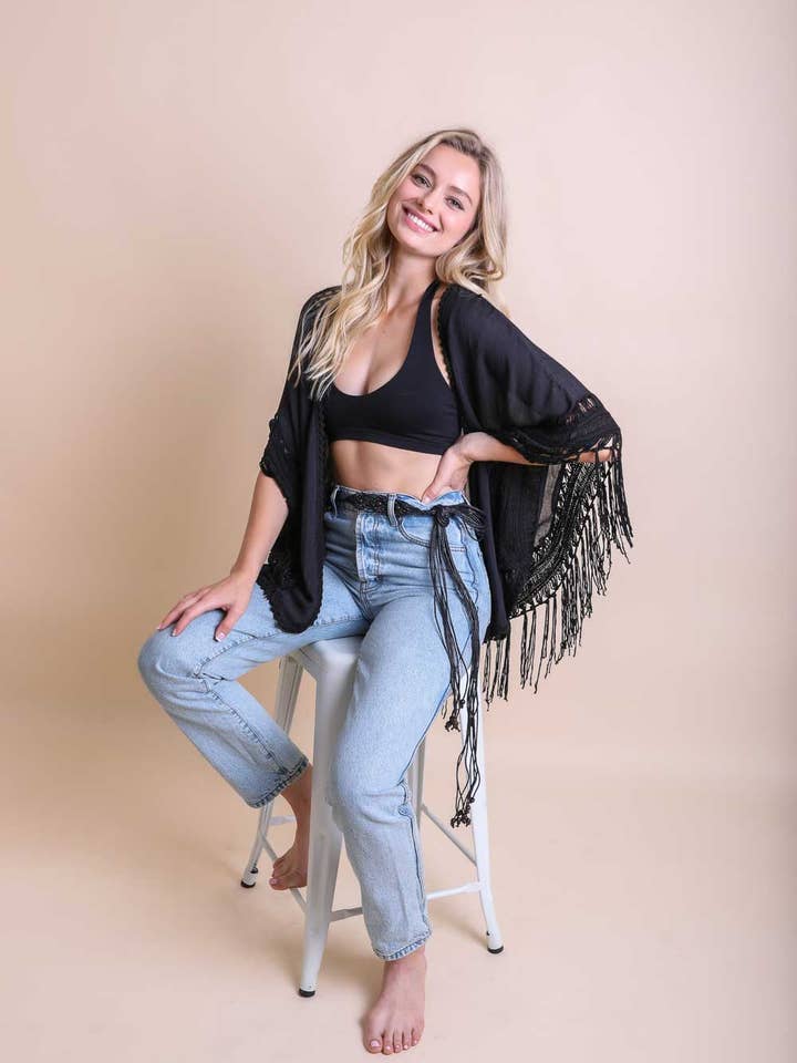 Leto Accessories - Wholesale Kimono - Women's - Festival-Ready Crochet Back Tasseled Kimono Jacket 🖤