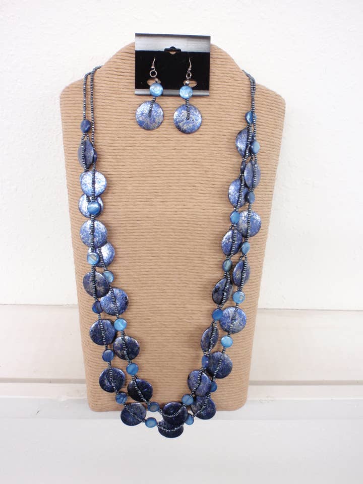 TWO STRANDS BLUE ROUND WOOD NECKLACE SET 18959 for wholesale by International Duru's