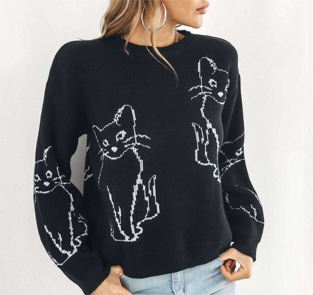 Rosa Clothing - Vente Pull en maille – femme - Pull jacquard tricoté à motif animaux chat10