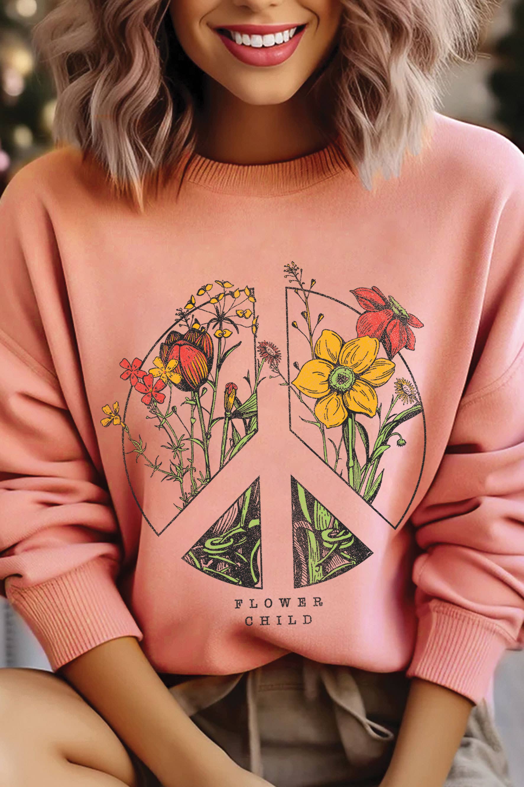 Rustee Clothing – Camisola gráfica - Mulher por atacado – SWEATSHIRTS GRÁFICAS DE CRIANÇA PEACE FLOWER ESCOVADO2