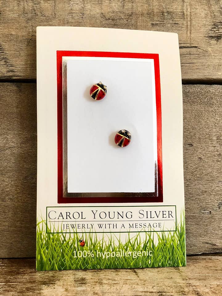 Ladybug Earrings / Post on CARD Jewelry for wholesale by Carol Young Silver