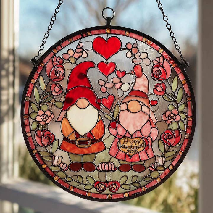 Valentine Gnome Stained Glass Suncatcher, Happy Valentine’s for wholesale by TMLECOM LTD