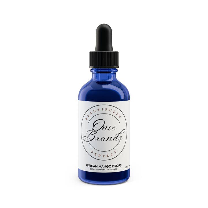 Blue bottle black dropper African Mango Drops Supplement (60ml, 2fl.oz) for wholesale on Faire