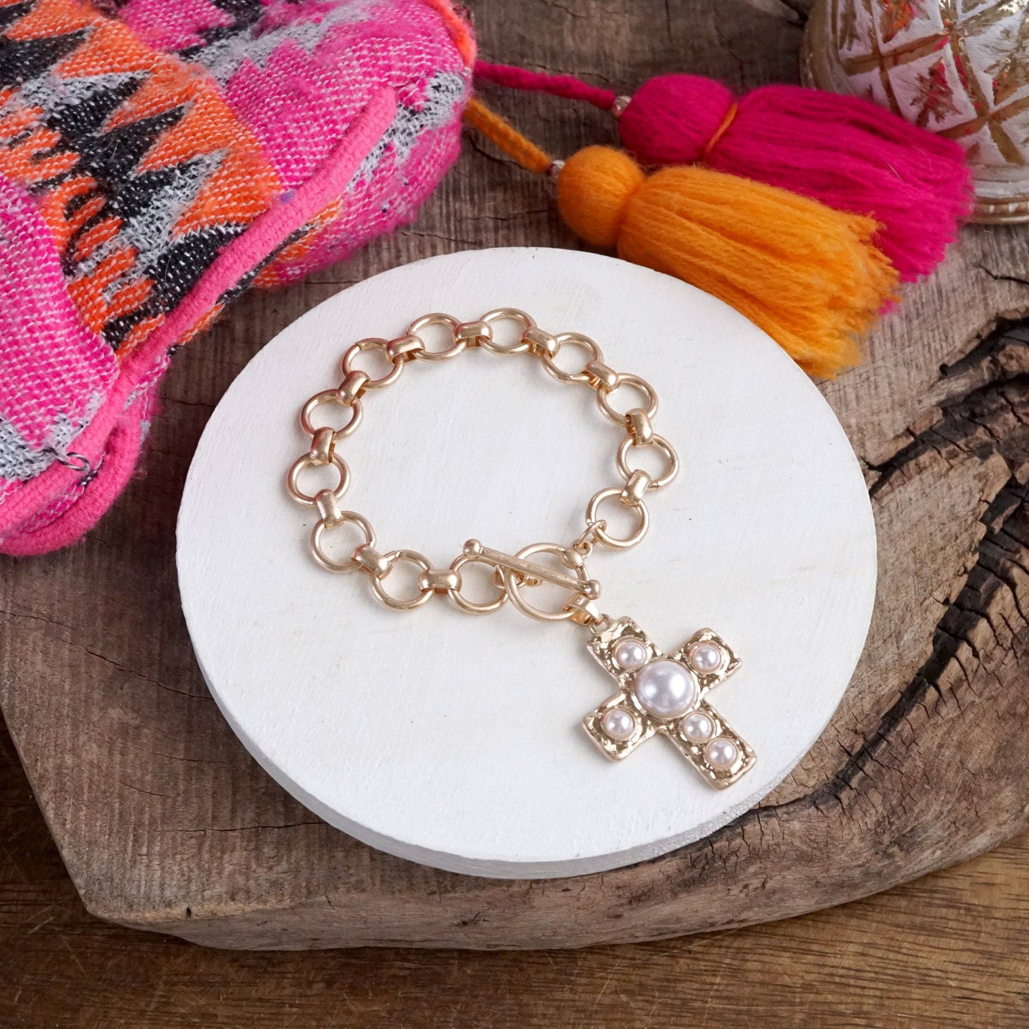 PennyLine inc - Wholesale Charm/Dangle Bracelet - Primitive Cross Chain Bracelet – Worn Gold with Turquoise or Pearl4