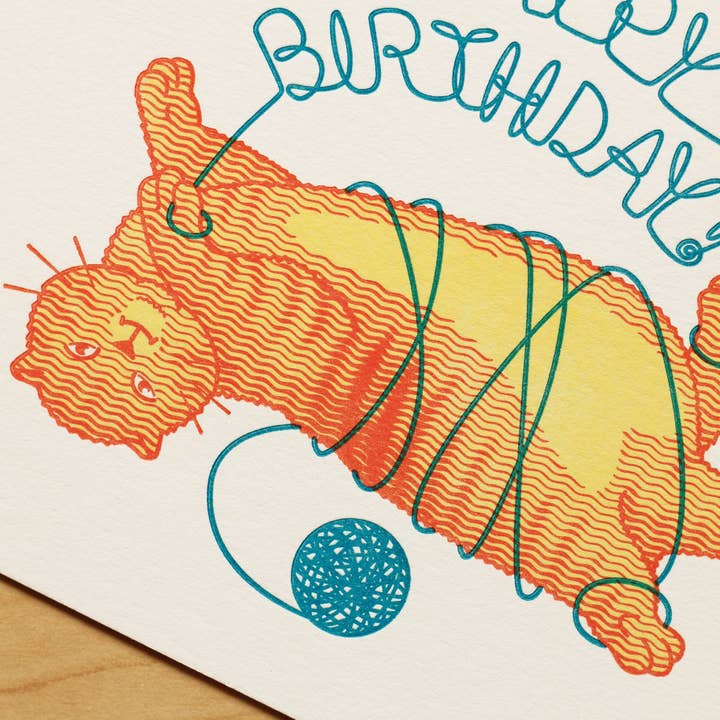Fickle Hill Letterpress - Wholesale Birthday Card - Cat with Yarn Letterpress Birthday Card1