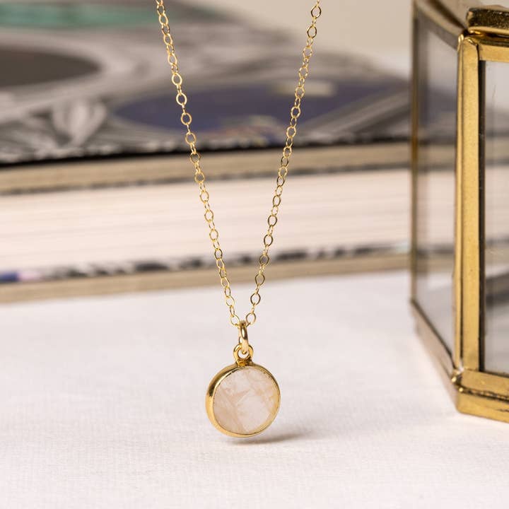 Rose Quartz Small Circle Pendant Gold Necklace for wholesale by Soul & Little Rose
