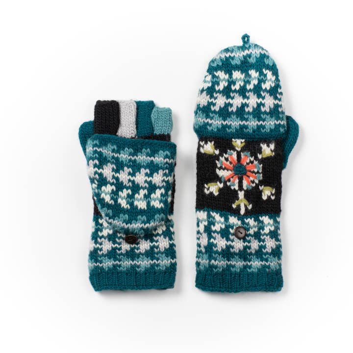Lost Horizons Knitwear – Ships from USA - Wholesale Mittens - Women's - Fussen Fingerless Gloves with Flip-Top and Embroidery2