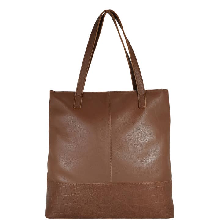 Assots London - Wholesale Tote Bag - Women's - 'SIENNA' Tan Croc + Pebble Grain Unlined Leather Tote Bag