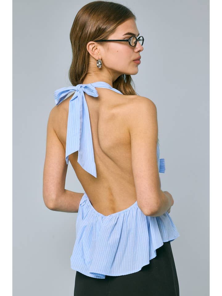 Sky to Moon - Wholesale Tank Top - Women's - STRIPE PRINT HALTER FRONT TIE OPEN BACK RUFFLE TOP