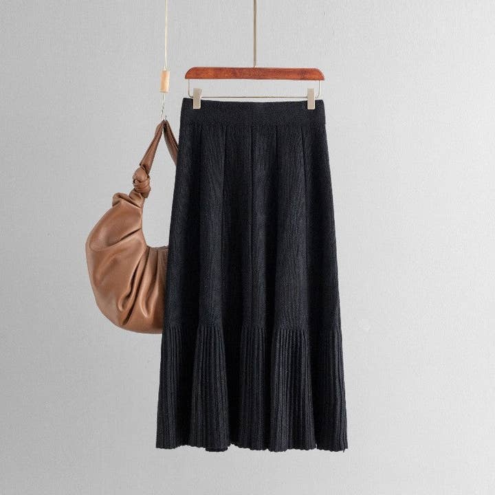 FurDecoration - Wholesale Skirt - Women's - Solid Color Midi Pleated Knit Skirt