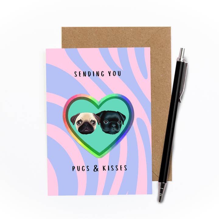 Pugs & Kisses Sticker Card for wholesale by Amy Illustrates