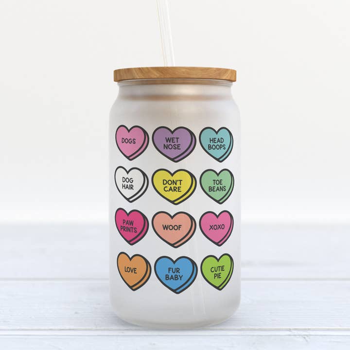 Conversation Hearts Dog Valentine Frosted Glass Can Tumbler for wholesale by Heart & Willow Prints