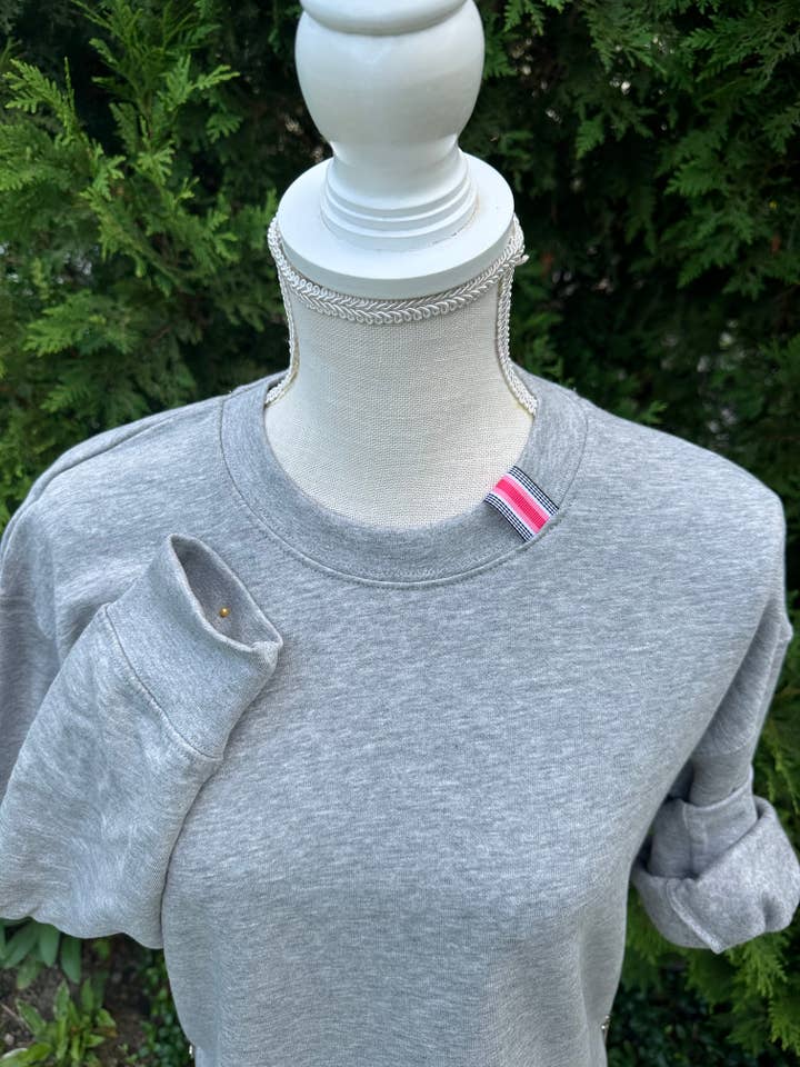 Danny Sweatshirt - Grey w Black, Coral & Pink Stripe Ribbon for wholesale by Pearly Vine