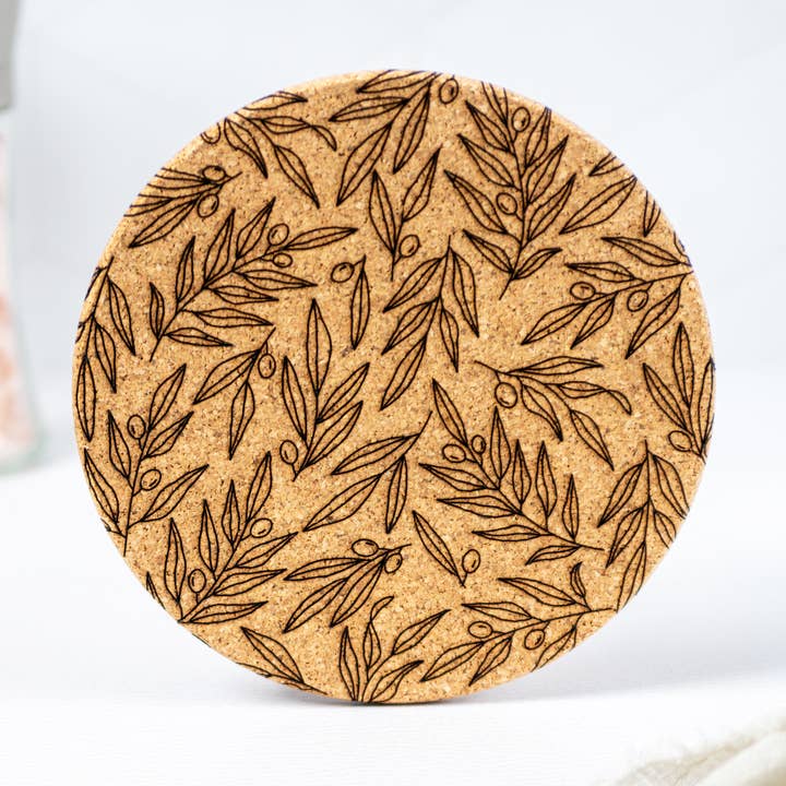 Damron Decor - Wholesale Coasters - Laser Engraved Olive Branch Leaves Cork Trivet Home Decor2