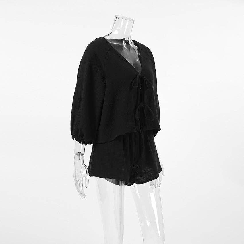 Marayn – wholesale Top & short set (NOT loungewear) – Women’s – French Autumn Chic Bubble Sleeve Top  Shorts Set9