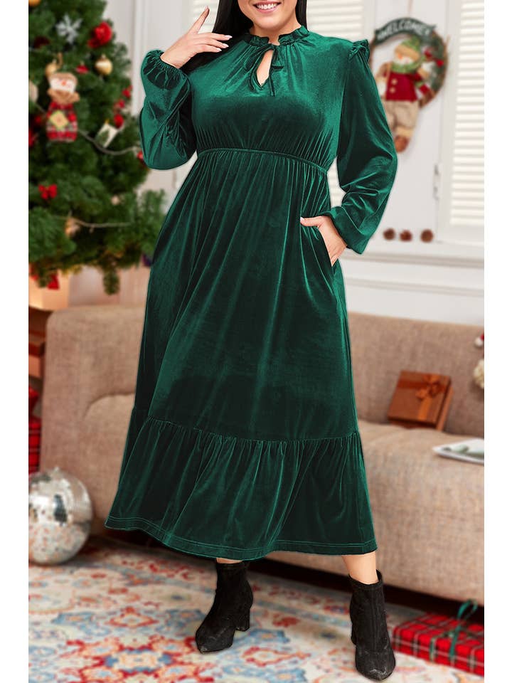 Green Plus Size Velvet Ruffled High Waist Midi Dress for wholesale on Faire