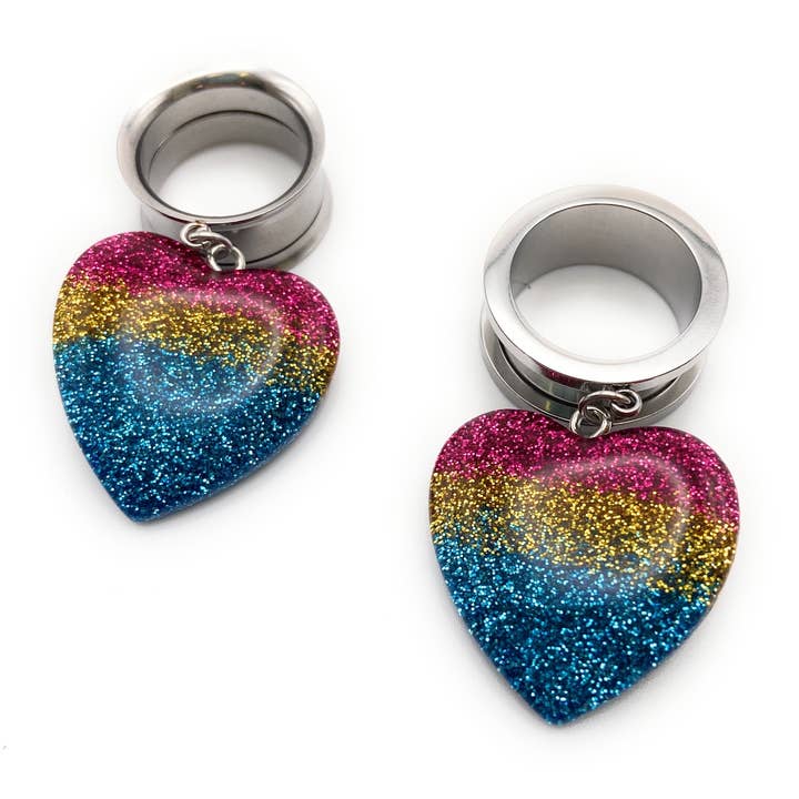Eros Plugs - Venta al por mayor Pendiente sin pareja - Túneles colgantes en forma de corazón con purpurina rosa, azul y dorada