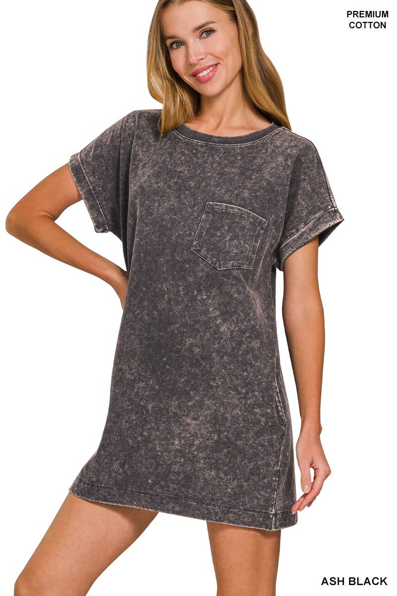 42POPS - Wholesale Dress - Women's - 'Cotton Washed T-shirts Dress w/ Side Pockets0