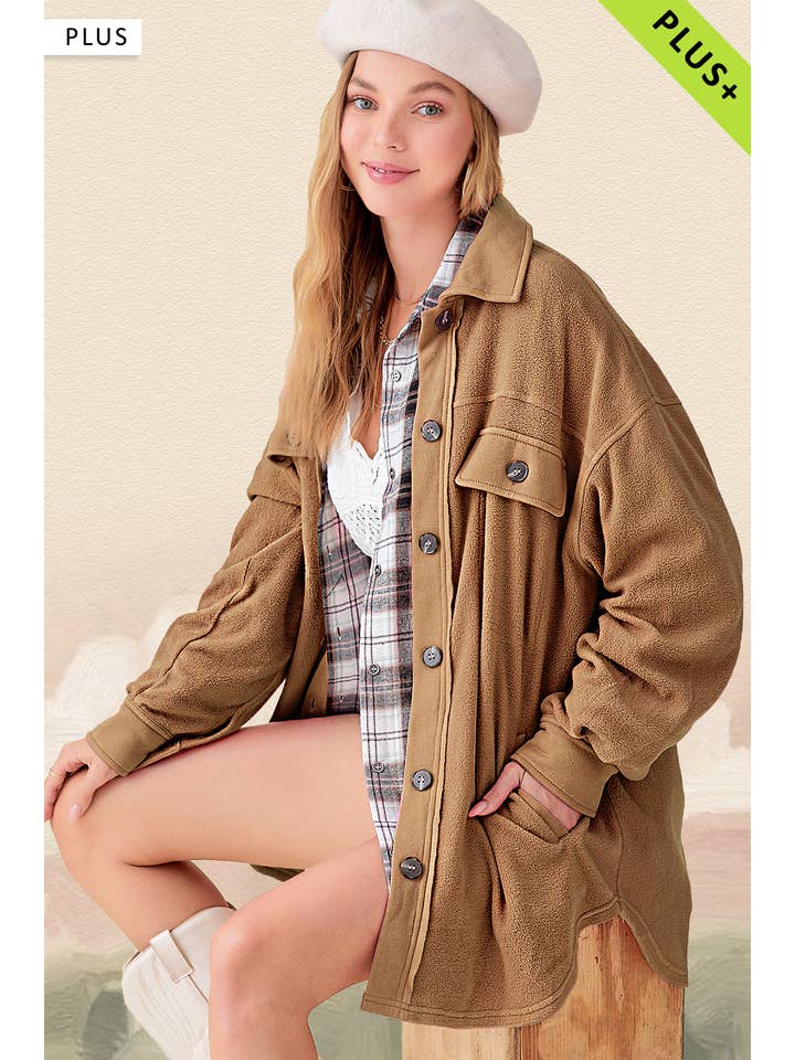 La Miel - Wholesale Shirt Jacket/Shacket - Women's - JKT1712P-Plus Size Loose Fit Button Down Fleece Shacket12