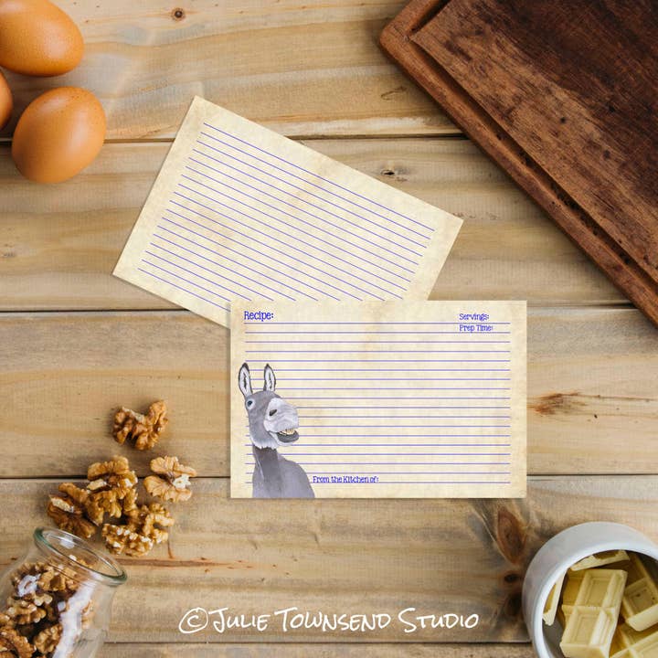 Julie Townsend Studio - Wholesale Recipe Card - Recipe Cards - Set of 12 Cute Donkey Recipe Cards - 1132