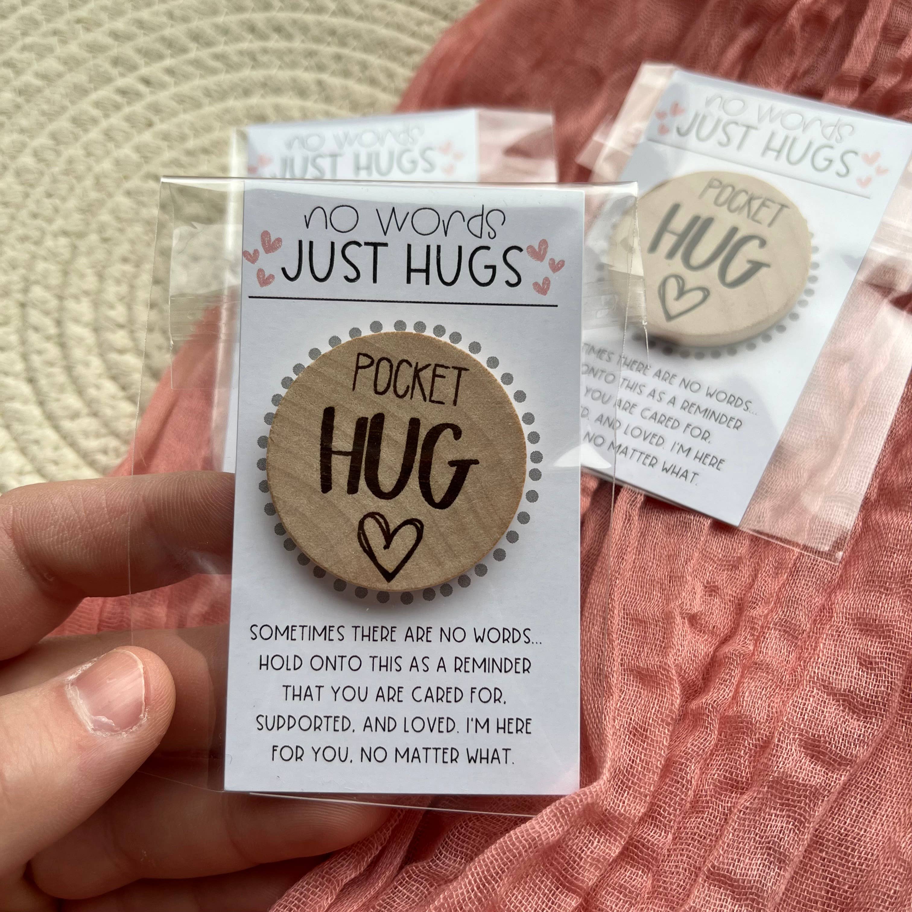 Handmade by Hammero - Wholesale Keepsake coin/token - Pocket Hug "No Words Just Hugs" - Wood Engraved Token2