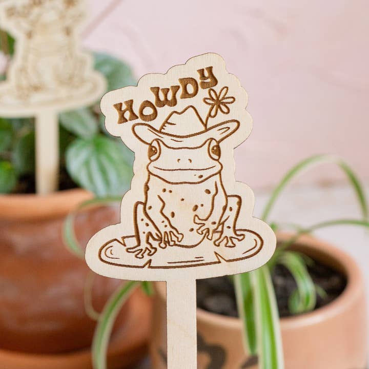Cowboy Frog Plant Stake for wholesale by The Print Pantry