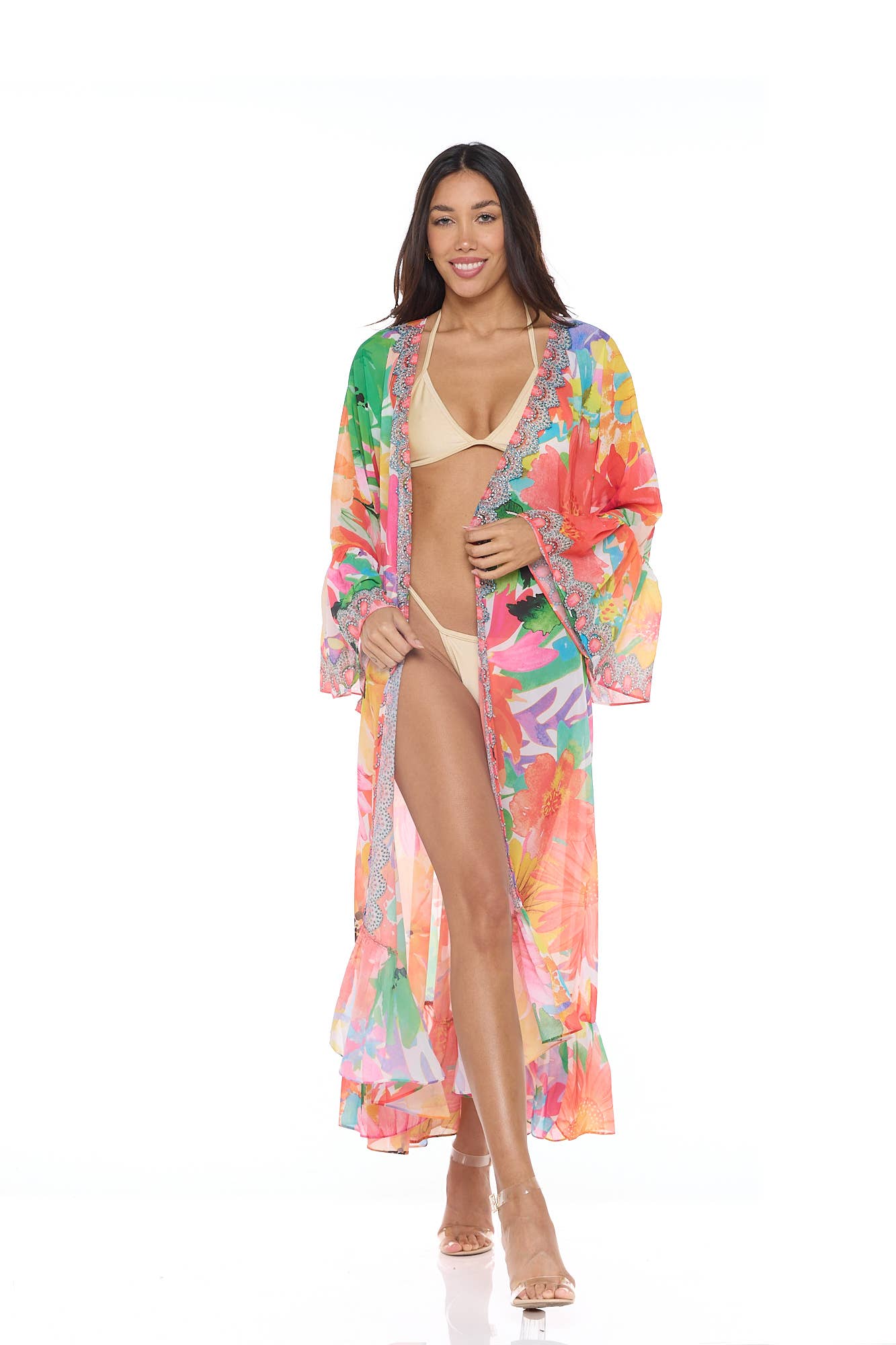 Ranee's - Wholesale Kimono - Women's - Red floral ruffle duster